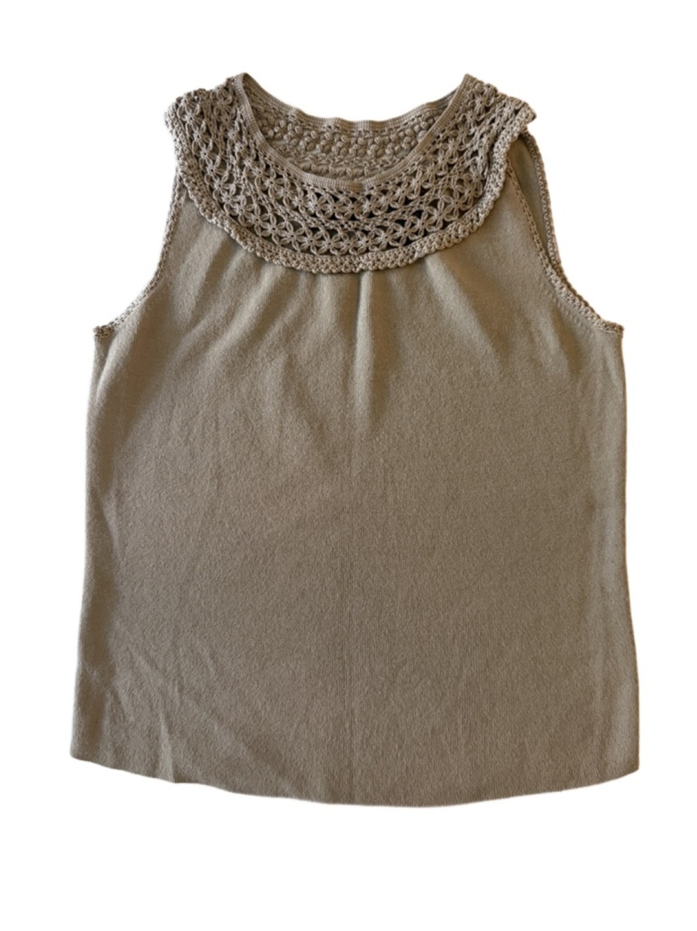 Sleeveless Crochet Yoke Tank Top by Dana Buchman. Taupe PS